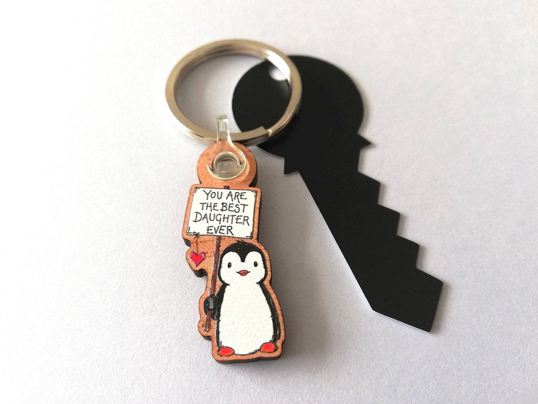 Best daughter ever keyring. Gift for daughter, penguin. Small wooden key fob, penguin key chain, wood bag charm, responsibly resourced wood