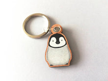 Load image into Gallery viewer, Penguin keyring, penguin grey chick wooden key fob, penguin key chain, wood bag charm, responsibly resourced wood

