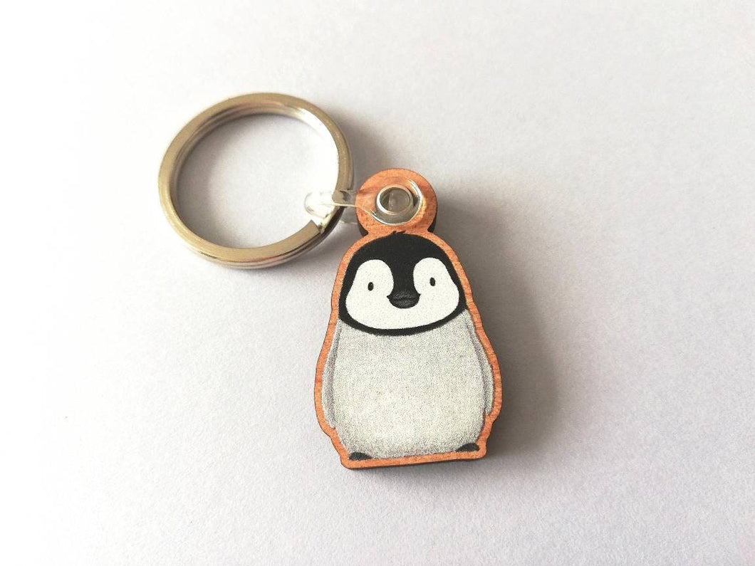 Penguin keyring, penguin grey chick wooden key fob, penguin key chain, wood bag charm, responsibly resourced wood