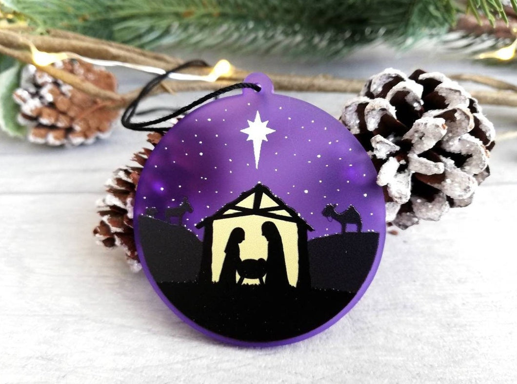 Nativity Christmas tree decoration. Frosted purple acrylic, Stable, tree Christmas ornament