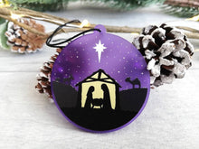 Load image into Gallery viewer, Nativity Christmas tree decoration. Frosted purple acrylic, Stable, tree Christmas ornament
