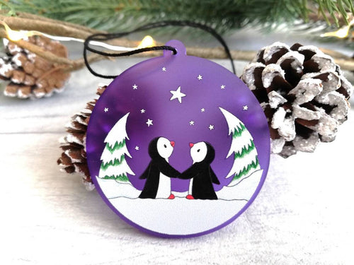 Penguin Christmas tree decoration. Frosted purple acrylic, penguins in the snow, tree Christmas ornament