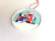 Load image into Gallery viewer, Penguins and postbox Christmas decoration. Recycled acrylic, cute Christmas tree ornament, eco friendly
