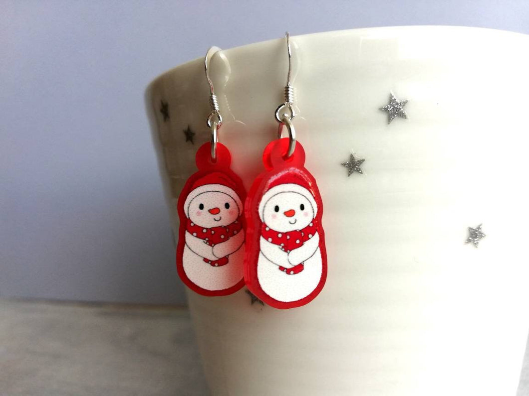 Snowman Christmas earrings, Red frosted acrylic, cute, sterling silver hooks, red Christmas snowman