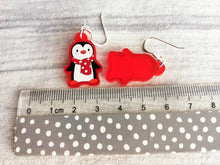 Load image into Gallery viewer, Penguin Christmas earrings, Red frosted acrylic, cute, sterling silver hooks, red Christmas penguins
