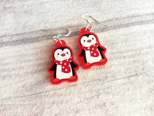 Load image into Gallery viewer, Penguin Christmas earrings, Red frosted acrylic, cute, sterling silver hooks, red Christmas penguins
