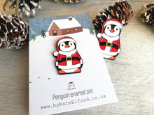 Load image into Gallery viewer, Christmas penguin enamel pin, Father Christmas, Boo the penguin, Christmas brooch

