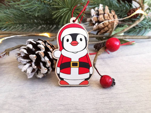 Penguin Santa decoration. Wooden Father Christmas ornament, responsibly resourced wood, Boo the penguin
