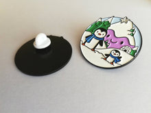 Load image into Gallery viewer, Penguin enamel pin, snow and mountains, Christmas brooch, penguin winter brooch, enamel pins
