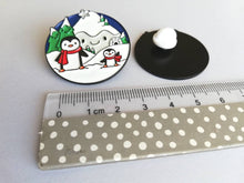 Load image into Gallery viewer, Penguin enamel brooch, snow and happy mountains, Christmas pin, penguin winter gift, enamel pins
