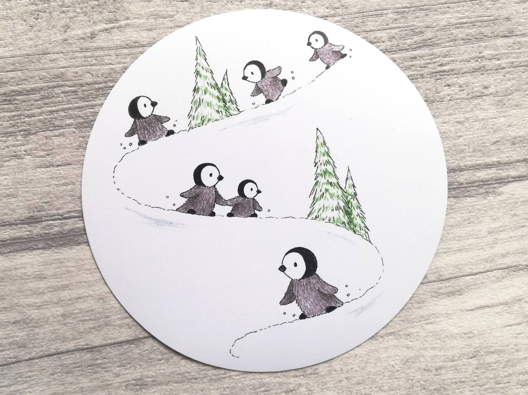 Penguin chick kitchen magnet, cute round grey penguins in the snow large magnet