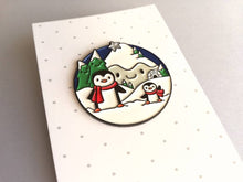 Load image into Gallery viewer, Penguin enamel brooch, snow and happy mountains, Christmas pin, penguin winter gift, enamel pins
