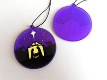 Load image into Gallery viewer, Nativity Christmas tree decoration. Frosted purple acrylic, Stable, tree Christmas ornament
