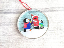 Load image into Gallery viewer, Penguins and postbox Christmas decoration. Recycled acrylic, cute Christmas tree ornament, eco friendly
