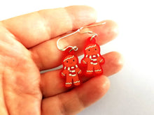Load image into Gallery viewer, Gingerbread Christmas earrings, Red frosted acrylic, cute, sterling silver hooks, red Christmas gingerbread men
