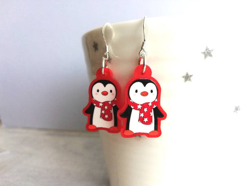 Penguin Christmas earrings, Red frosted acrylic, cute, sterling silver hooks, red Christmas penguins