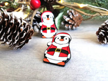 Load image into Gallery viewer, Happy Christmas Santa penguin enamel pin, Father Christmas, Boo the penguin, Christmas brooch
