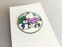 Load image into Gallery viewer, Penguin enamel pin, snow and mountains, Christmas brooch, penguin winter brooch, enamel pins
