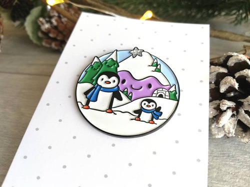 Penguin enamel pin, snow and mountains, Christmas brooch, penguin winter brooch, enamel pins
