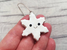 Load image into Gallery viewer, Pottery mini snowflake. Little Christmas tag. Hand painted ceramics, glittery snow
