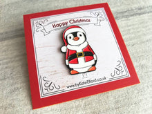 Load image into Gallery viewer, Happy Christmas Santa penguin enamel pin, Father Christmas, Boo the penguin, Christmas brooch
