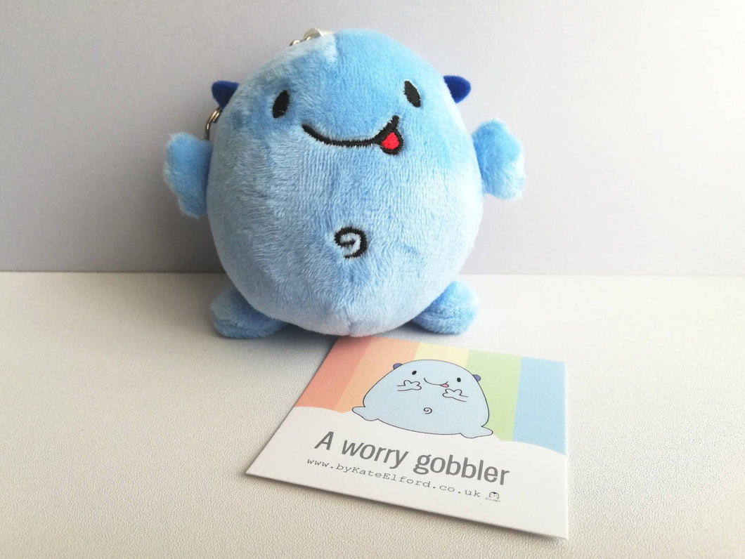 Worry Gobbler, plush small keyring, funny positive gift, cute anti anxiety keychain, recycled filling