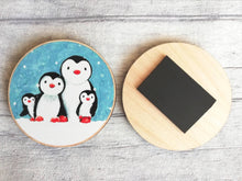 Load image into Gallery viewer, Wooden penguin family magnet. Little penguins in the snow. Ethically sourced wood
