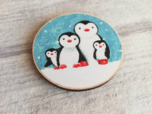 Load image into Gallery viewer, Wooden penguin family magnet. Little penguins in the snow. Ethically sourced wood
