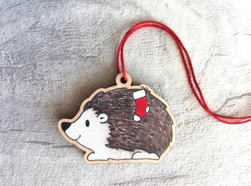 Hedgehog Christmas decoration. Hedgehog and stocking, small wooden, ethically sourced wood. Cute Christmas tree ornament
