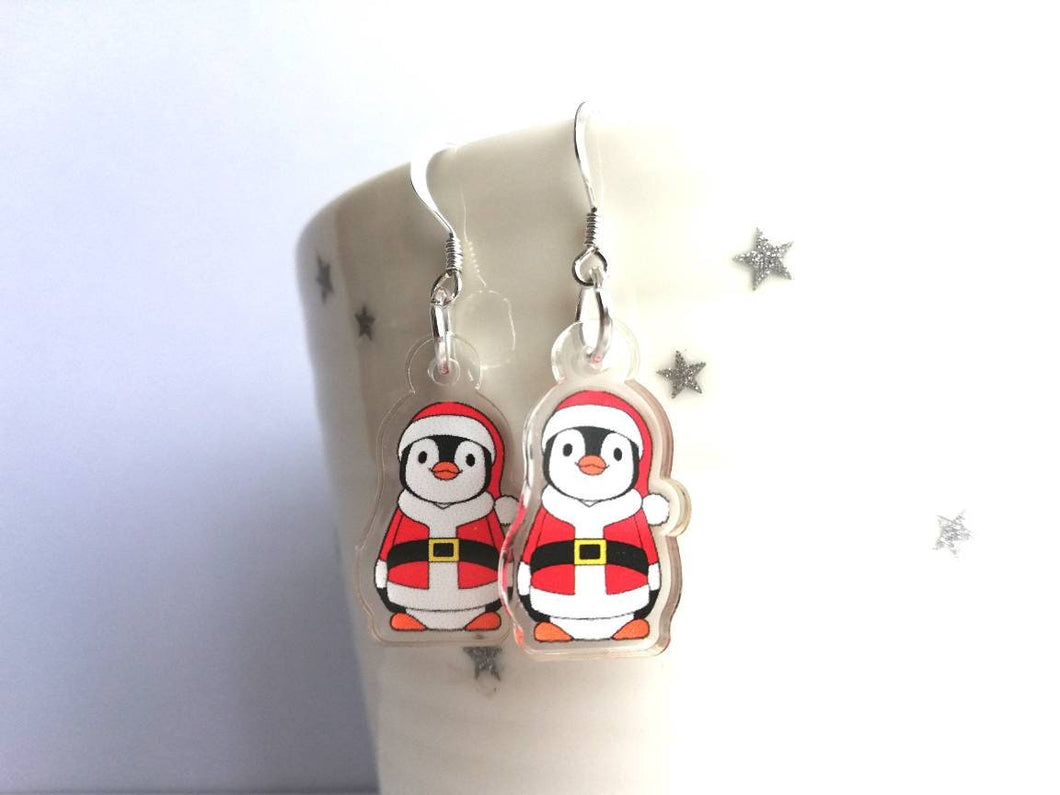 Christmas penguin earrings, recycled acrylic, cute Santa Boo the penguin, sterling silver hooks