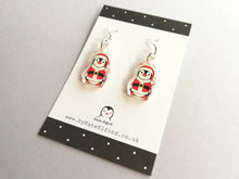 Load image into Gallery viewer, Christmas penguin earrings, recycled acrylic, cute Santa Boo the penguin, sterling silver hooks
