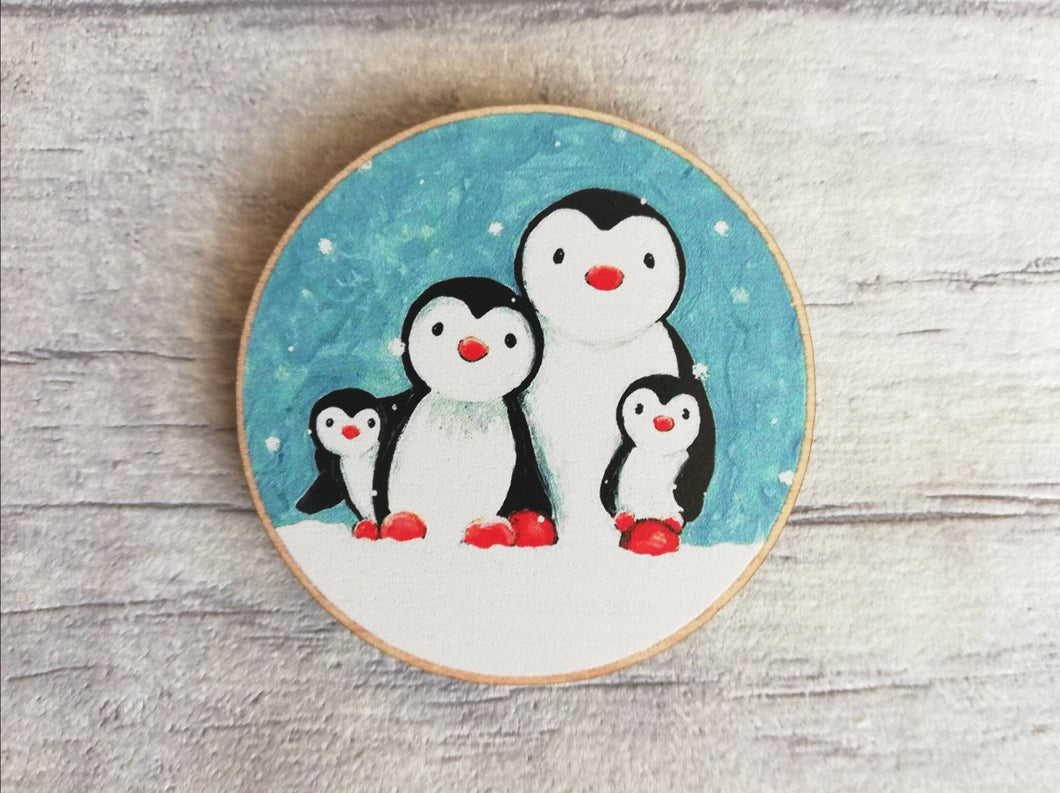 Wooden penguin family magnet. Little penguins in the snow. Ethically sourced wood