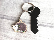 Load image into Gallery viewer, Hedgehog keyring, small hedgehog wooden key fob, ethically sourced wood, key chain
