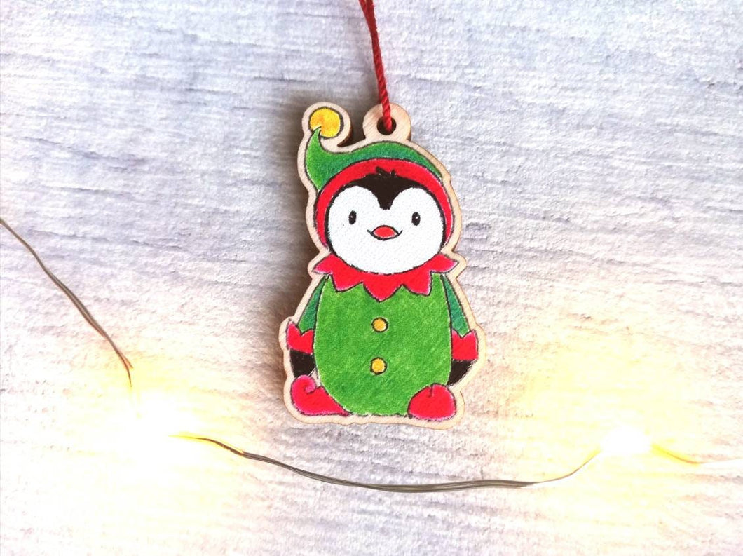 Penguin elf Christmas decoration. Small wooden elf penguin. Ethically sourced wood. Cute Christmas tree ornament