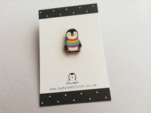 Load image into Gallery viewer, Mini rainbow penguin wooden pin badge, cute tiny penguin brooch. Made from eco-friendly, responsibly resourced wood.
