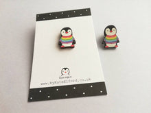 Load image into Gallery viewer, Mini rainbow penguin wooden pin badge, cute tiny penguin brooch. Made from eco-friendly, responsibly resourced wood.
