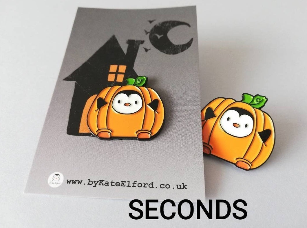 Seconds - Pumpkin penguin enamel pin, Cute Halloween brooch, autumn pin