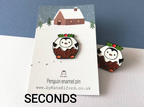Seconds - Pudding penguin enamel pin, Christmas pudding brooch, enamel pins