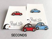 Load image into Gallery viewer, Seconds - Penguin beetle enamel pin, Wilf on a road trip, little penguin badge, cute car pins
