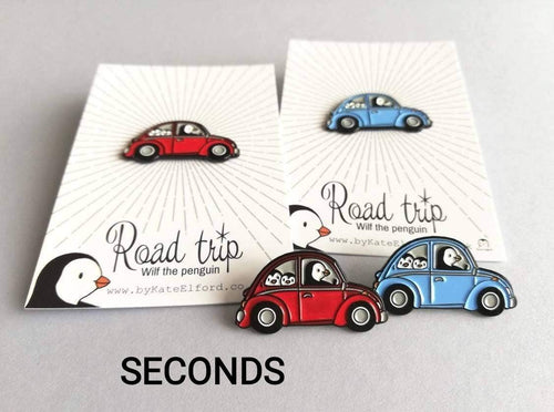 Seconds - Penguin beetle enamel pin, Wilf on a road trip, little penguin badge, cute car pins