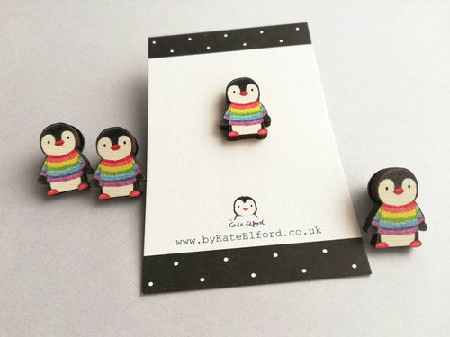 Mini rainbow penguin wooden pin badge, cute tiny penguin brooch. Made from eco-friendly, responsibly resourced wood.