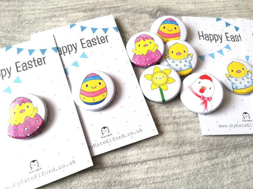 Easter badges, little chick, daffodil and egg pin buttons, Happy Easter, egg hunt treasure, available separately or as a bundle