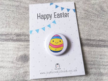 Load image into Gallery viewer, Easter badges, little chick, daffodil and egg pin buttons, Happy Easter, egg hunt treasure, available separately or as a bundle
