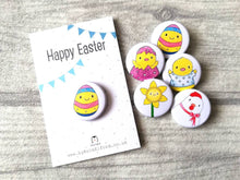 Load image into Gallery viewer, Easter badges, little chick, daffodil and egg pin buttons, Happy Easter, egg hunt treasure, available separately or as a bundle
