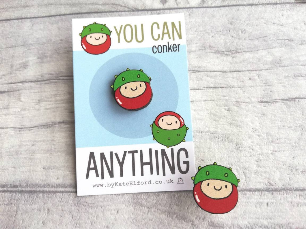 Mini wooden conker pin, positive, conquer, achievement gift. Responsibly resourced wood