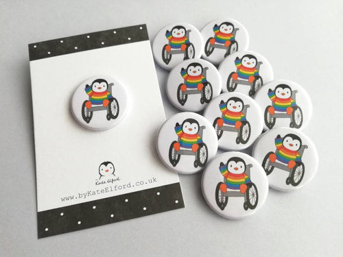 Mini penguin and wheelchair badge, little rainbow penguin pin button