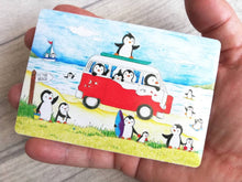 Load image into Gallery viewer, Penguins at the beach, summer penguin vinyl sticker, seaside, surfing, camper, swimming and ice cream
