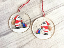 Load image into Gallery viewer, Badger recycled acrylic Christmas decoration, Father Christmas badger ornament, cute, eco friendly
