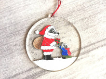 Load image into Gallery viewer, Badger recycled acrylic Christmas decoration, Father Christmas badger ornament, cute, eco friendly
