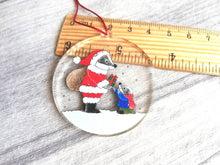 Load image into Gallery viewer, Badger recycled acrylic Christmas decoration, Father Christmas badger ornament, cute, eco friendly
